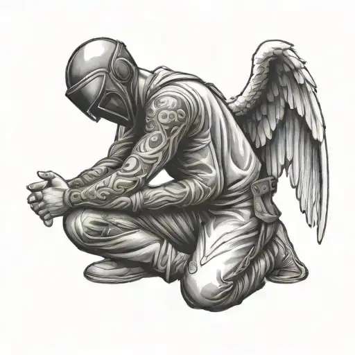Angel In A Bandit Balaclava Praying On His Knees