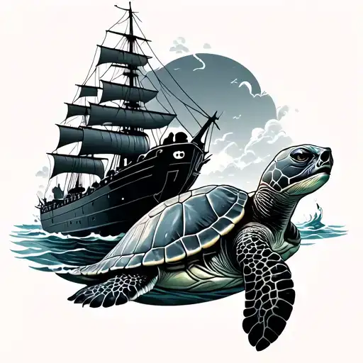 Electrican Ship Sailing Through A Sea Turtle