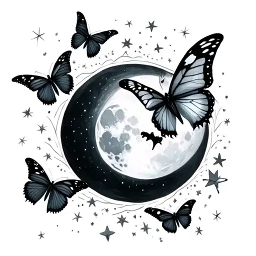 Tiny Butterflies And Stars With Moon