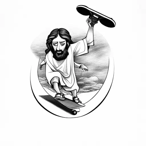 Jesus Christ Running With A Skateboard In His Hand