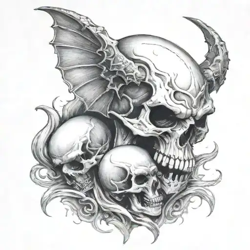 A Black And Grey Demon Embracing A Skull With A Heart In Its Mouth
