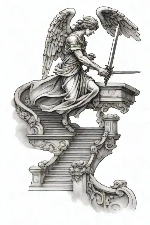 Angel Walking Down Stairs With Sword