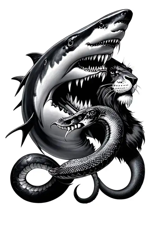 A Shark With A Lion With A Snake