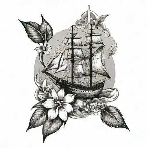 Coconut And Frangipani And Sailboat Sailing Ship