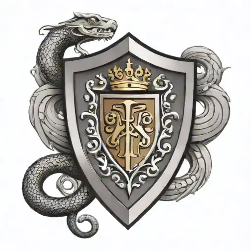 Medieval Shield With Protection Symbol In The Centre And A King Brown Snake Coiled Around The Shield