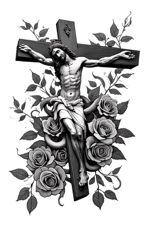 Jesus On The Cross With A Snake And Roses