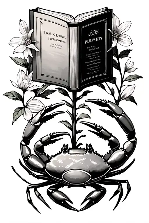Crab Holding A Book And Larkspur Flower