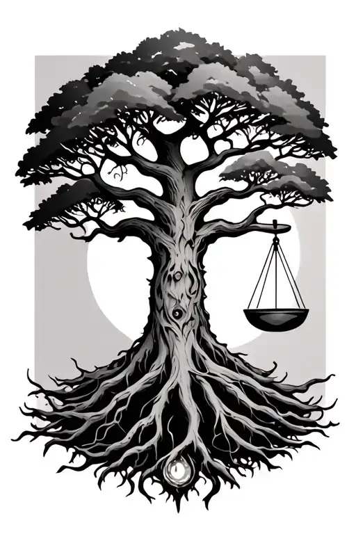 Yggdrasil Tree With A Scale Showing Balance