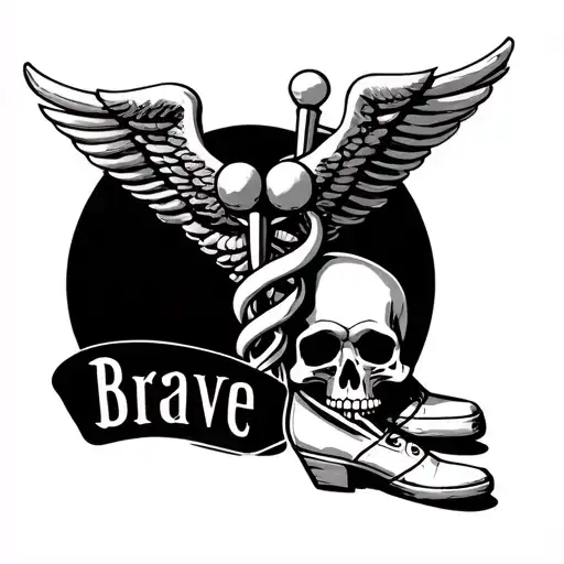 Caduceus Intertwined With Ballet Shoes And A Skull And The Word Brave