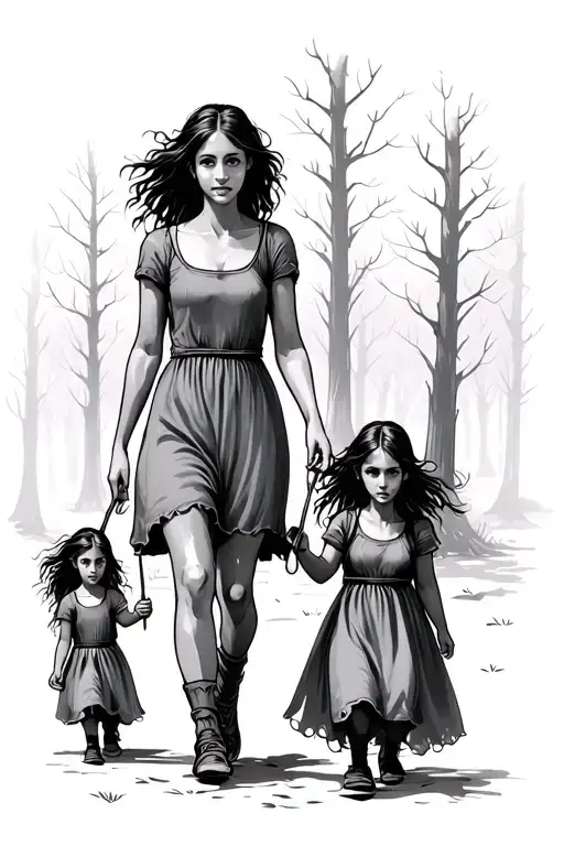 Mother Walking 11 Year Old Girl And 6 Year Old Girl In The Forest