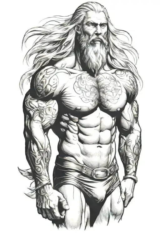 Super Muscled Man Standing In Speedo With Long Silver Hair And Beard