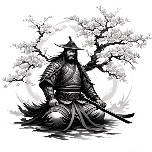 Samurai Tattoo Surrounding Him A Blossom Tree