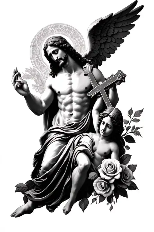 Jesus With Angel With Roses With Cross
