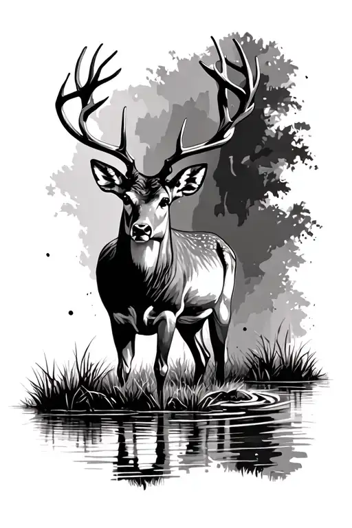 Deer Standing In A Field With Water