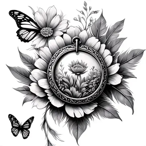 A Slightly Bent Feather Tied With Flower Using A Locket And Butterfly Flying