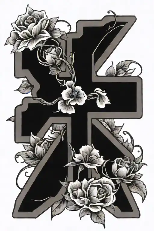 Cross With Flowers Intertwined Fine Line