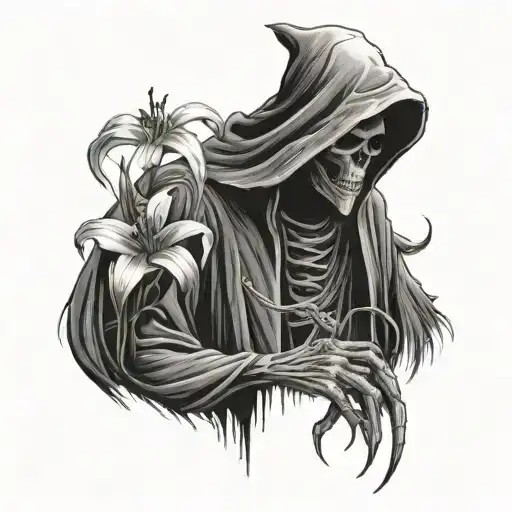 A Photorealistic Sad Grim Reaper Holding And Looking At A Tiny Spider Lily