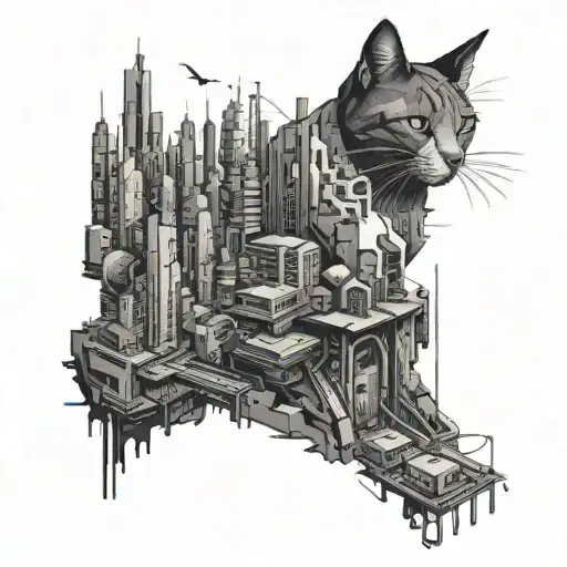 A Futuristic Cyberpunk Cityscape With A Hidden Cat Silhouette In The Shadows
