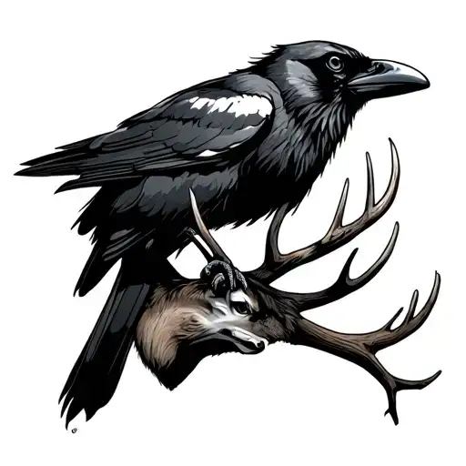 Raven Perched On Whitetail Deer Head