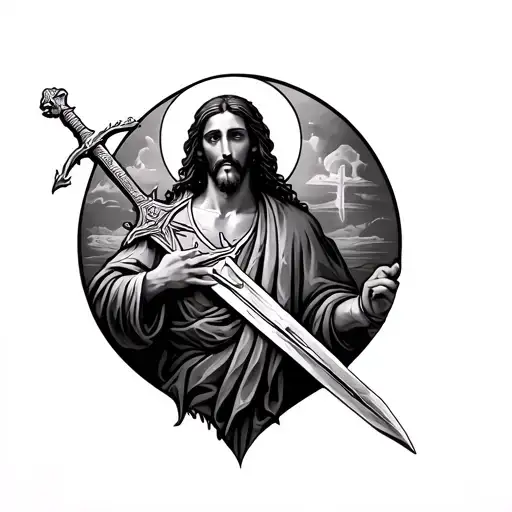 Back Tattoo With Sword And Jesus Christ