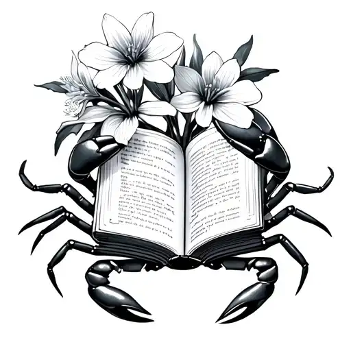 Crab Holding A Book And Larkspur Flower