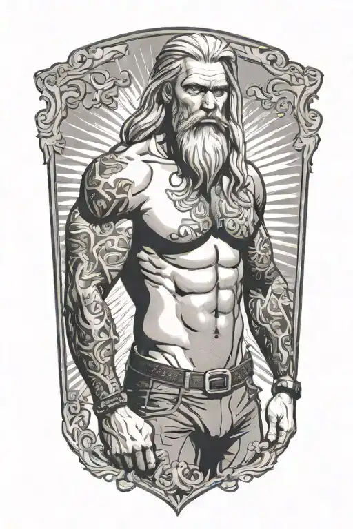 Super Muscled Man Standing In Speedo With Long Silver Hair And Beard