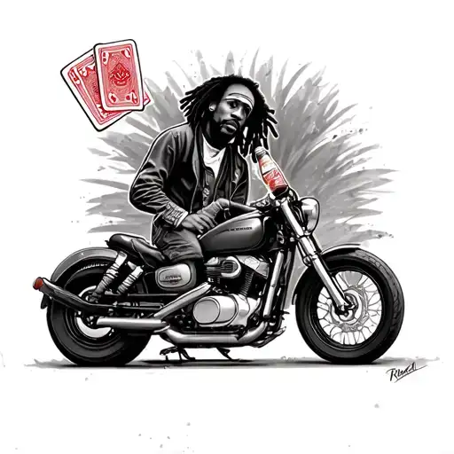 Bob Marley On A Honda Shadow 125 With A Bottle Of Ricard In Hand And Poker Card On The Visor