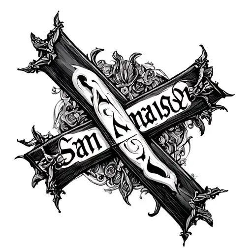 Gothic Cross With Mason Written Vertically And Sam Horizontally Intersecting At The A In Both Names