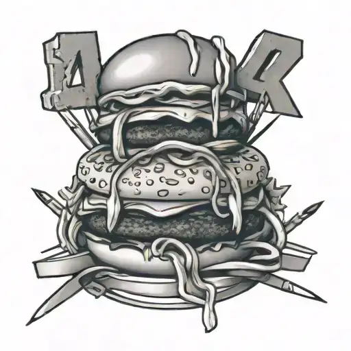 444 In Roman Numerals Intertwined With Paintbrushes And Cheeseburgers