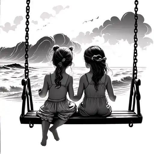 Two Small Girls Sitting On Swing With View To Ocean Waves