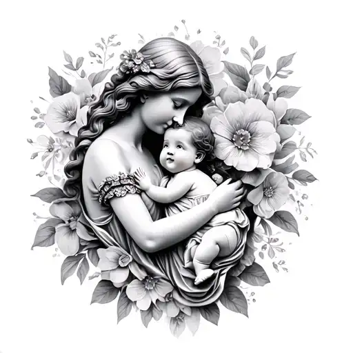 Mother And Baby Statue On A Floral Background