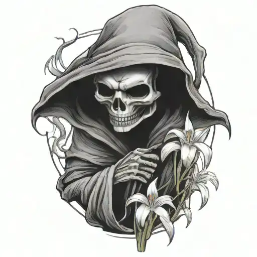 A Photorealistic Small Cute Grim Reaper Looking At And Holding A Tiny Spider Lily