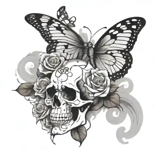 Skull With Roses And Butterflies With Smoke Rising
