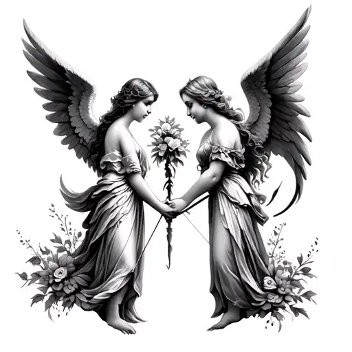 Two Angels Facing Each Other One Holding Flowers And The Other Holding A Bow And Arrow