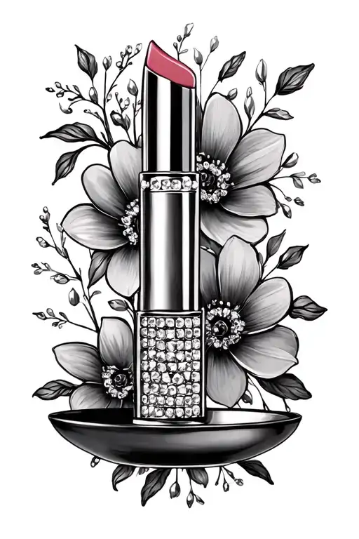 Rhinestone Tube Of Lipstick As A Balancing Scale With Cosmo Flowers Around It