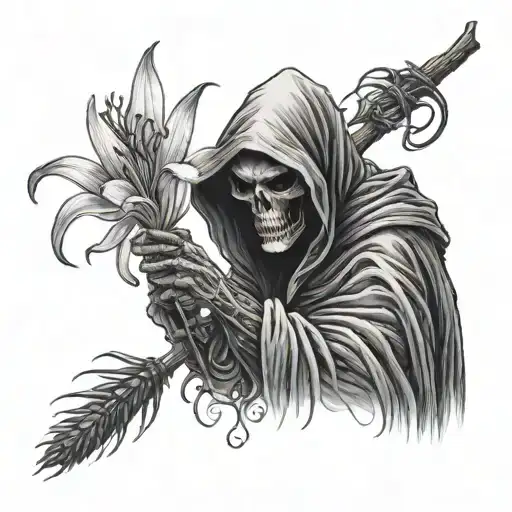 A Photorealistic Tattoo Of A Grim Reaper Holding And Looking At A Small Spider Lily