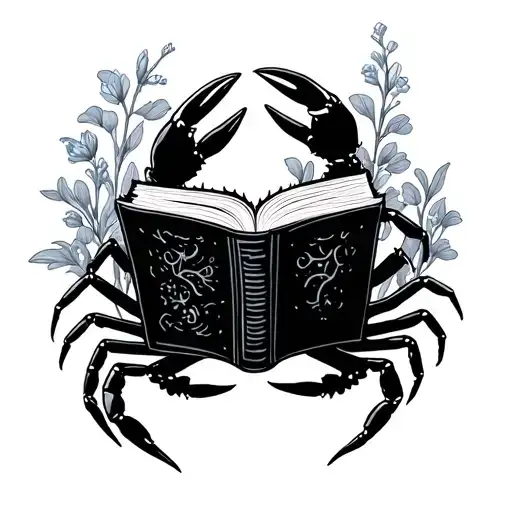 Crab Holding A Book With Its Pinchers Surrounded By Larkspur