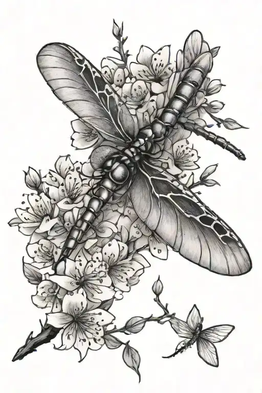 Dragon Fly With Japanese Cherry Blossoms And Wood