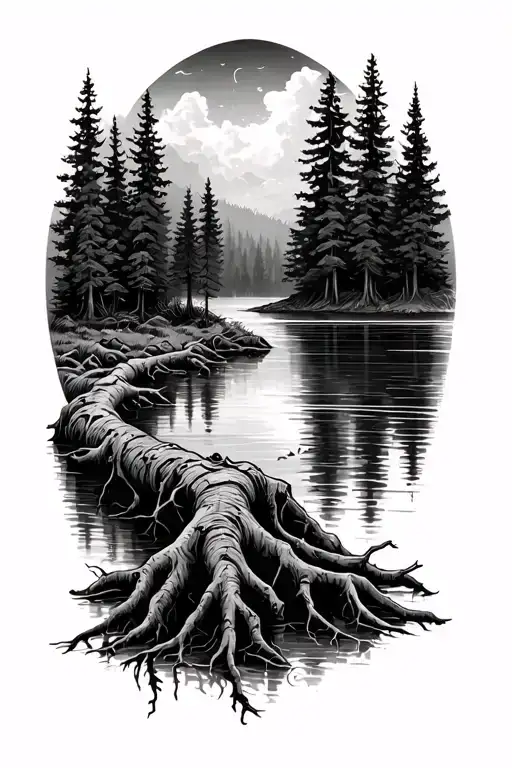 Forest With Roots And A Lake Reflecting