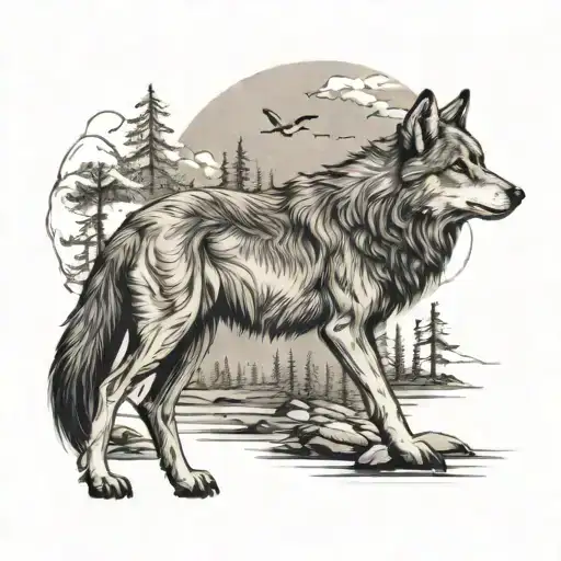 Illustrate A Scene Of A Wolf Exploring Various The World While It Sees A Goat