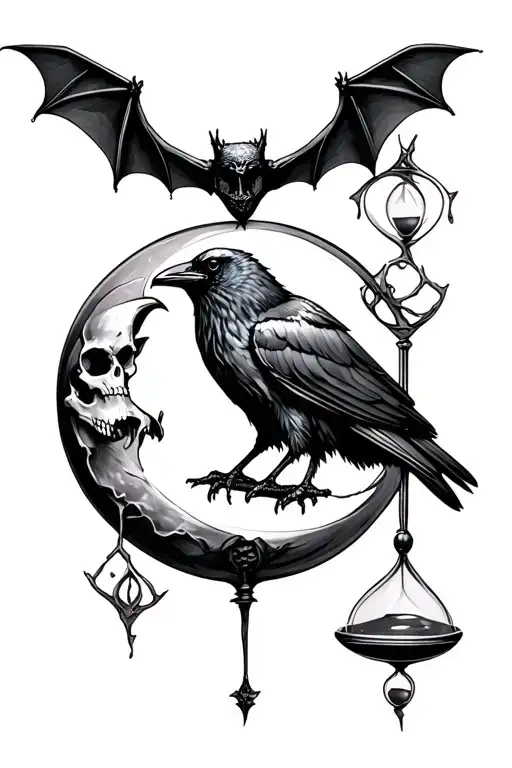 Bats Moon Raven Skull Hourglass