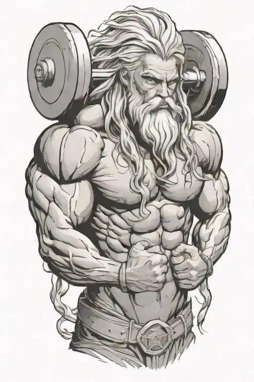 Super Muscled Atlas Greek God With Long Silver Hair And Beard Lifting Weights