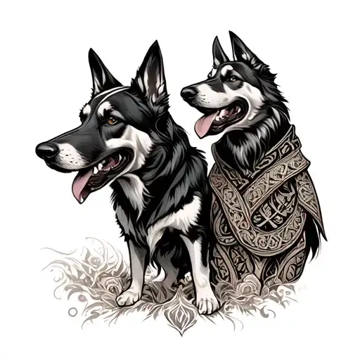 An Ornamental Blackwork Piece Representing Cu Chulainn And An Irish Wofhound