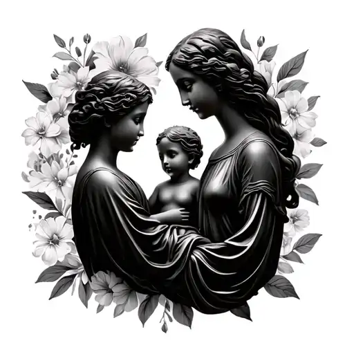 Mother And Child Statue On A Floral Background