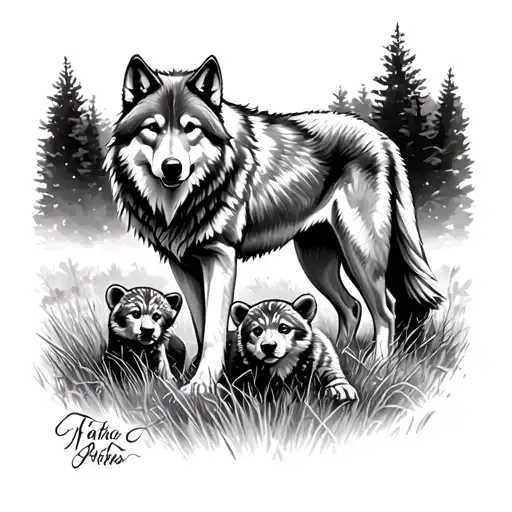 Alpha Wolf Standing Over Cubs Playing In A Field