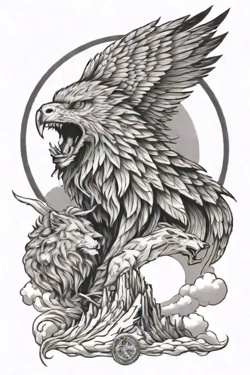 Soaring Eagle With Lion And Wolf Howling At The Moon