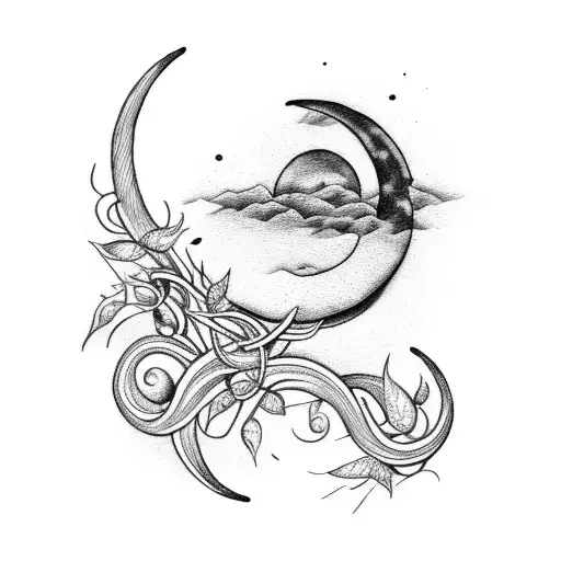 Crescent Moon With Vines And Bird