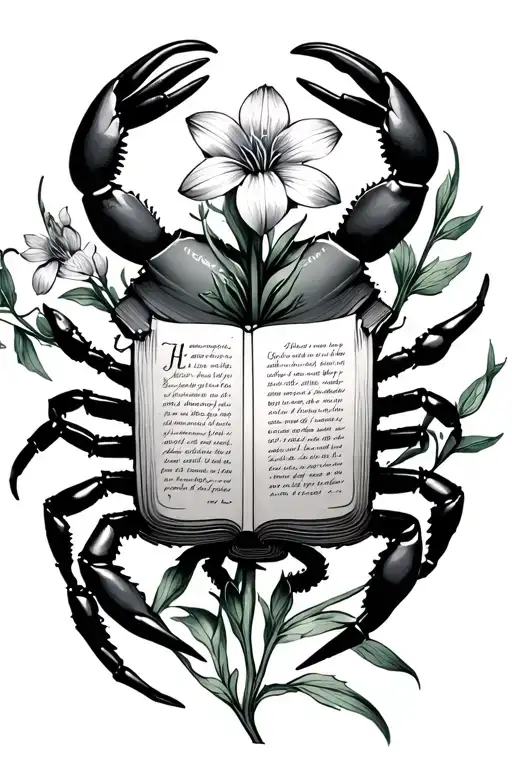Crab Holding A Book And Larkspur Flower