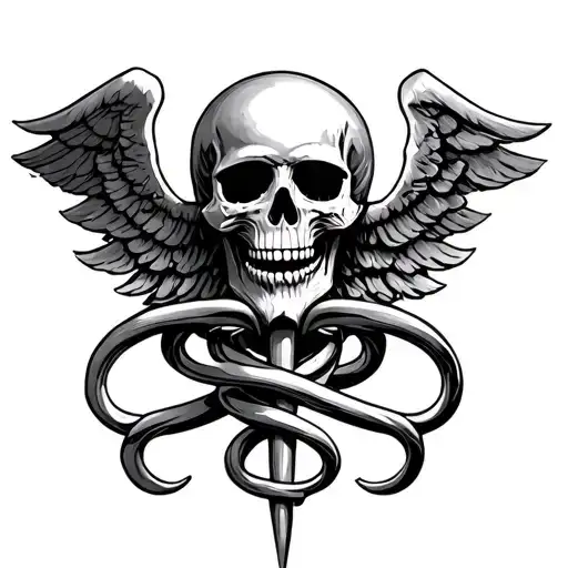 Caduceus Intertwined With A Skull Wearing A Mask