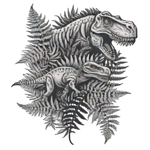 Dinosaurs And Fern Leaf Intertwined